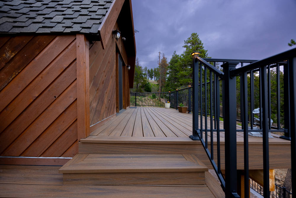 Stairs on a deck with a railing