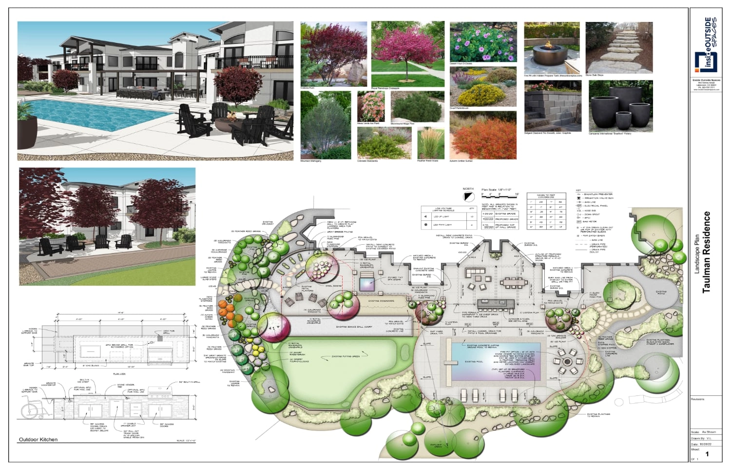 Landscape design plan with site drawing, 3D renderings, and plant selections